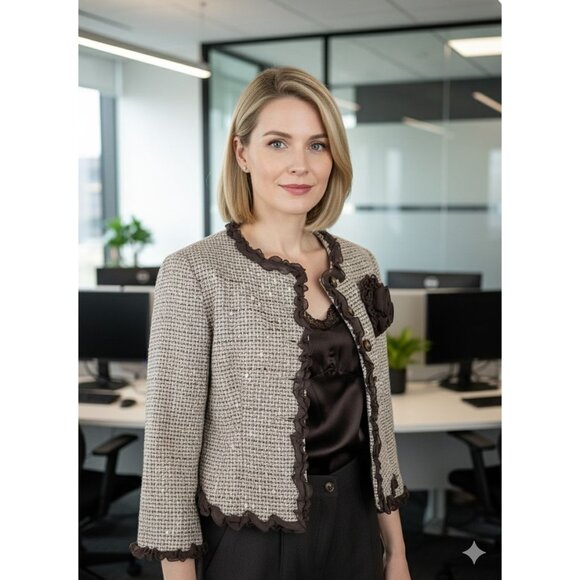 Anne Klein Tweed Blazer Jacket Size 8 Petite Brown Lace Trim Professional Office - Picture 2 of 13